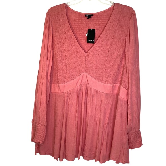 Torrid Pink Long Sleeve Smocked Babydoll Peplum Top Plus Size 3 3X Gauze New - Picture 4 of 11